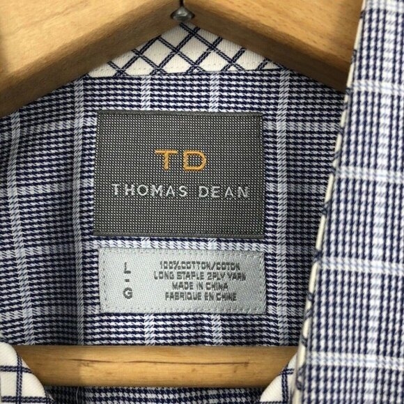 Thomas Dean Men’s Size L Button Up Shirt Plaid Houndstooth Navy Blue Flip Cuff - Picture 8 of 9
